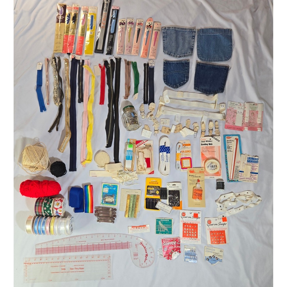Vintage Sewing Accessories 80+ Zippers Elastic Jean Pockets Snaps Needles Rulers - Picture 2 of 16